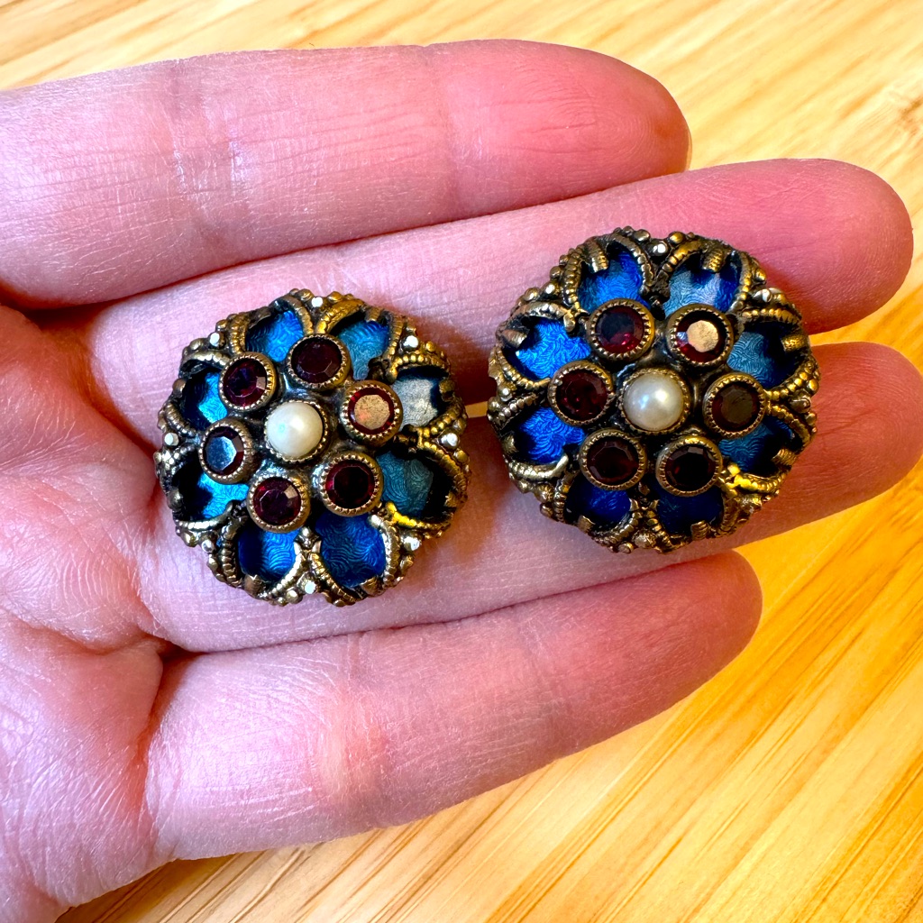 Vintage Signed Hob Enamel, Ruby, And Pearl Earrings.